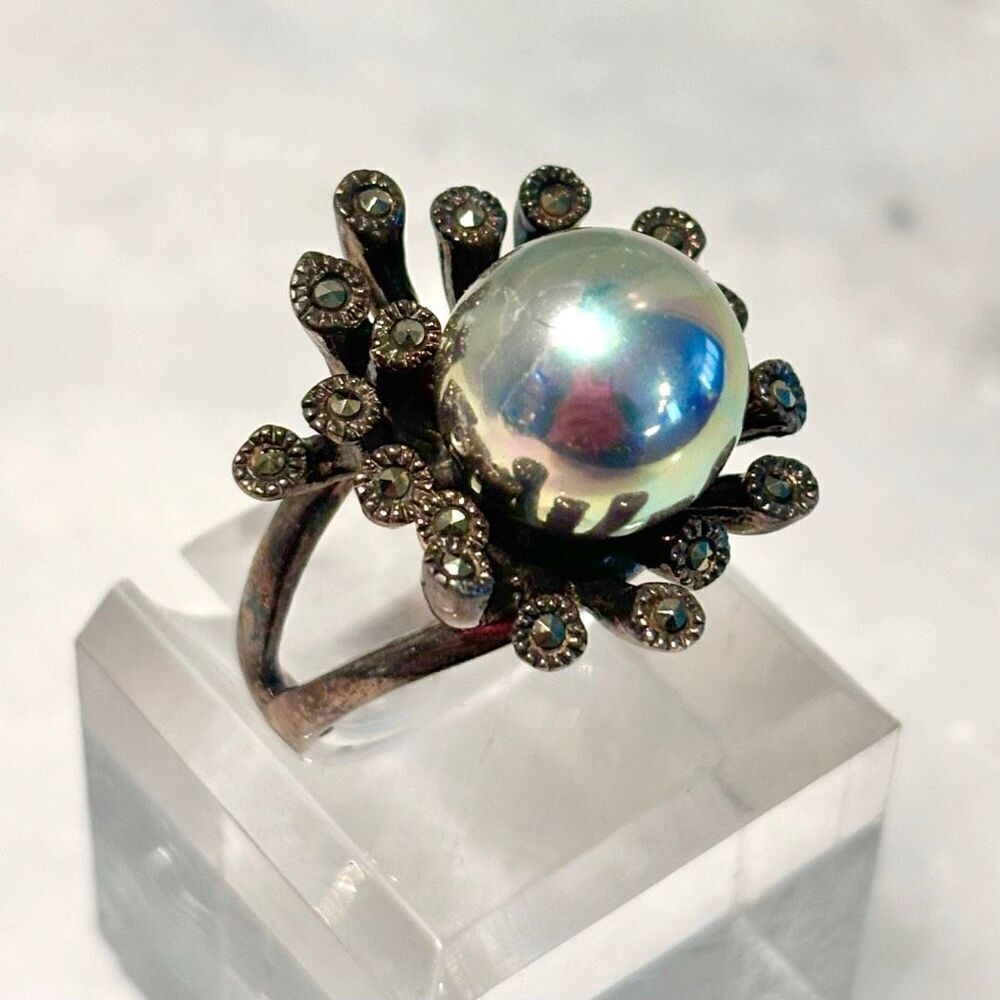 Vintage Sterling Silver Black Pearl & Marcasite Starburst Enchanted Cocktail Rin
